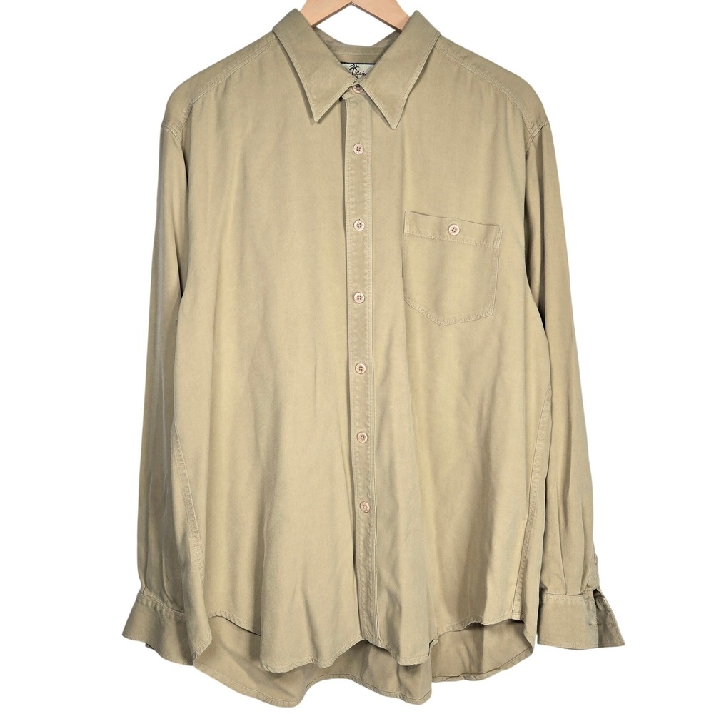 Tommy Bahama Mens XL Tan 100%‎ Silk Twill Long Sleeve Button Down Shirt Khaki